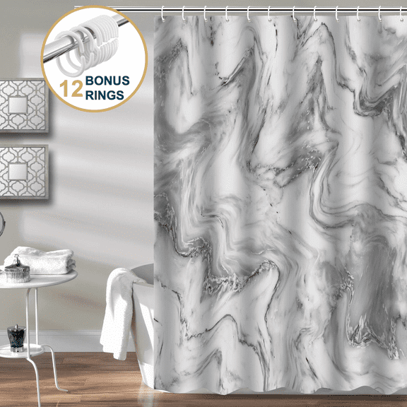 ComfiTime Shower Curtain with Hooks – Heavy-Duty Mold/Mildew-Resistant, Weighted-Hem Fabric Bathroom Curtain, Water-Repellent, Machine-Washable, Fade-Resistant, Marble, Gray, 72 x 72