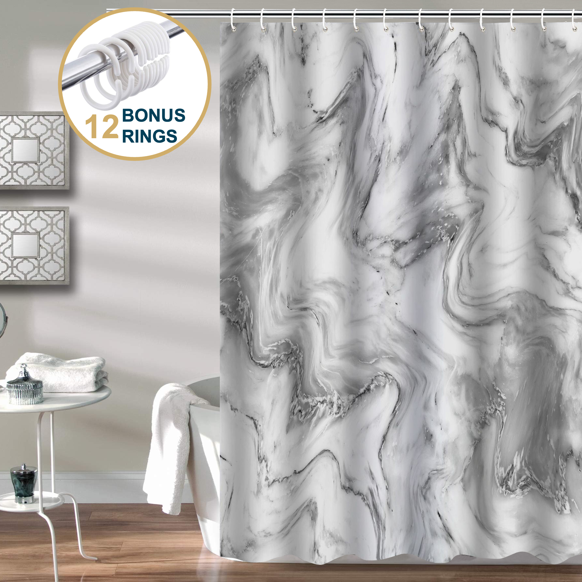 ComfiTime Marble Shower Curtain, Gray, 72x72", With Hooks