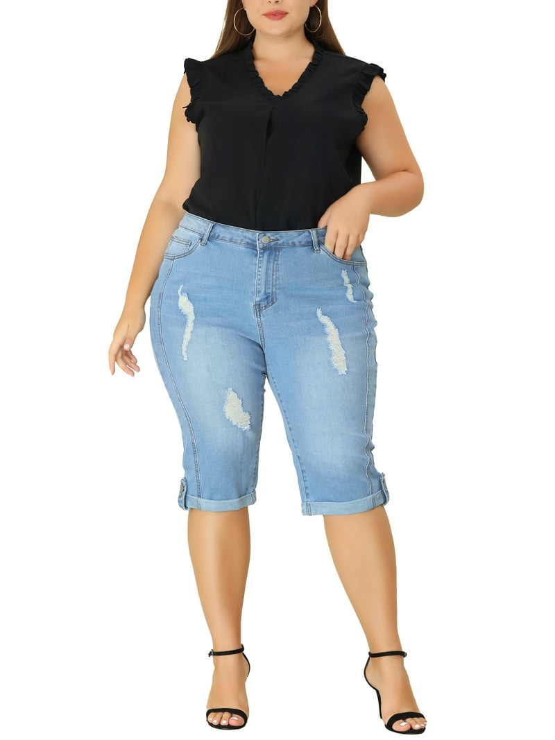Agnes Orinda Women's Plus Size Rolled Hem Mid-Rise Knee Length