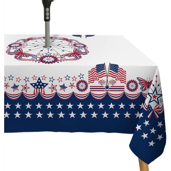 4th of July Tablecloth with Zipper 60x120 Inch American Flag and Star Table Cloths, Red, White and Blue Patriotic Tablecloths for Outdoor Picnic and Patio-Rectangle