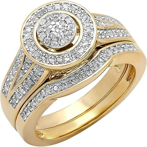 Dazzlingdaimonds Jewels 925 Sterling Silver 3.00 Ct Round Cut White Diamond Wedding Anniversary Christmas Bridal Ring Set 14K Yellow Gold Plated For Women's -7.5