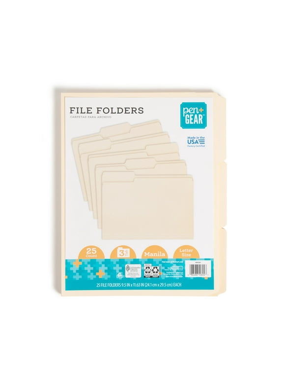 Pen+Gear 3-Tab Manila File Folders, 25 Count, Letter Size