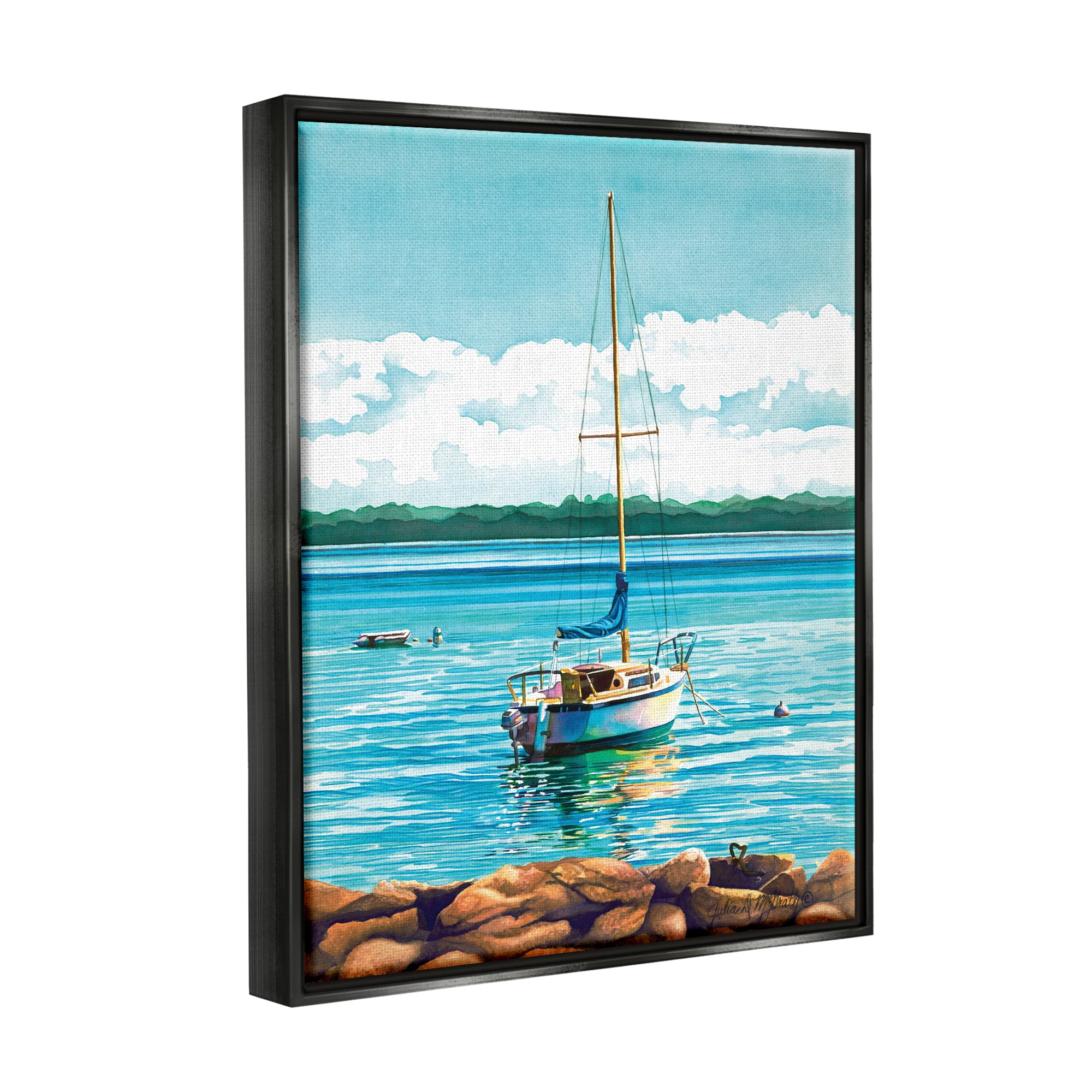 Stupell Industries Sailboat Rocky Shoreline Nature Painting Black Floater Framed Art Print Wall Art, 25 x 31