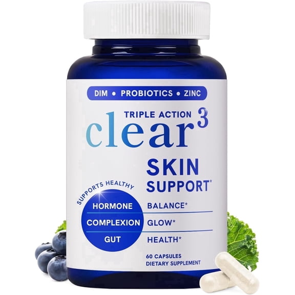 Clear Skin Supplement with Zinc, DIM & Probiotics, 3-in-1 Formula with Hyaluronic Acid, Niacinamide & Vitamins, Dietary Supplement, 120 Capsules