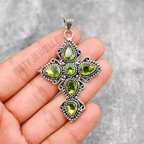 Peridot Cross Pendant 925 Sterling Silver Gemstone Handmade Jewelry