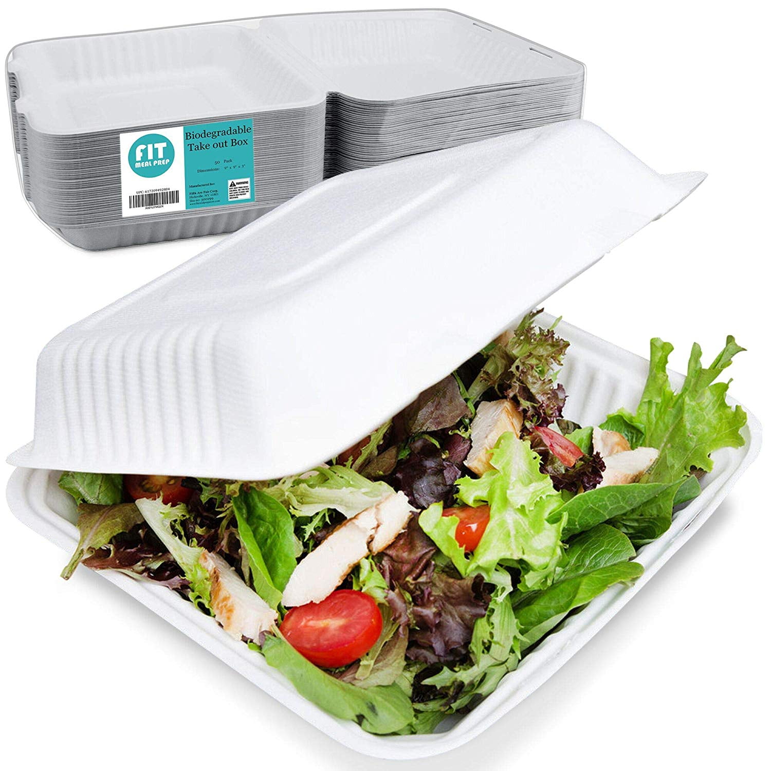 50 Pack 9 Inch 3 Compartment Compostable Hinged Take Out Food Container