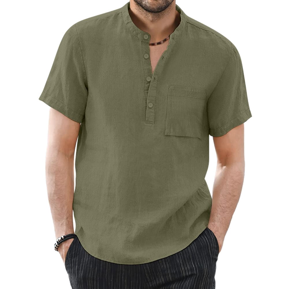HAOMEILI Men's Casual Cotton Linen Henley Shirts Short Sleeve Hippie