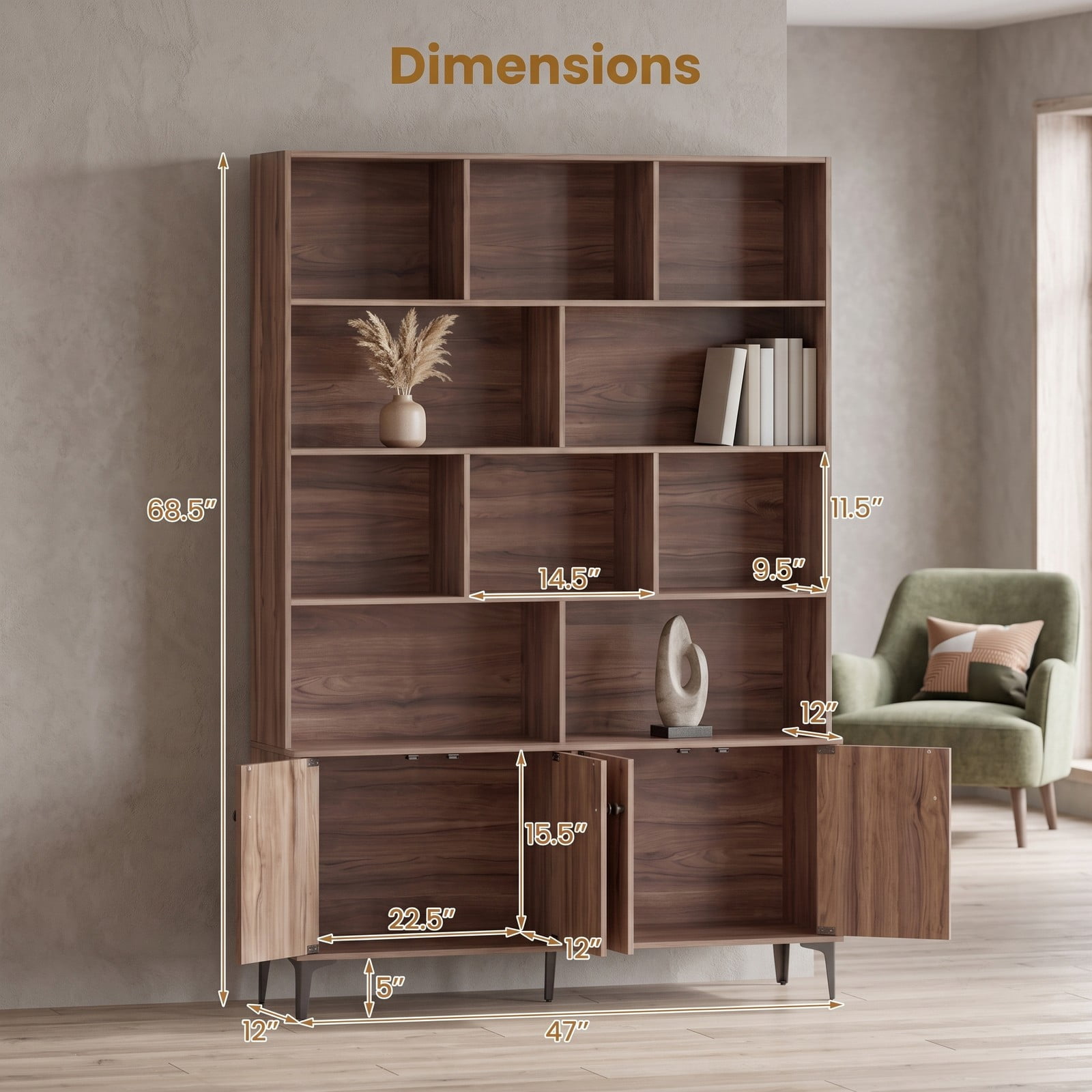 Furnibear 68.5" Tall Bookshelf with 4 Doors and Open Display Shelves, Freestanding Bookcase Storage Cabinet with Anti-Tipping Kits and Metal Legs for Home, Walnut