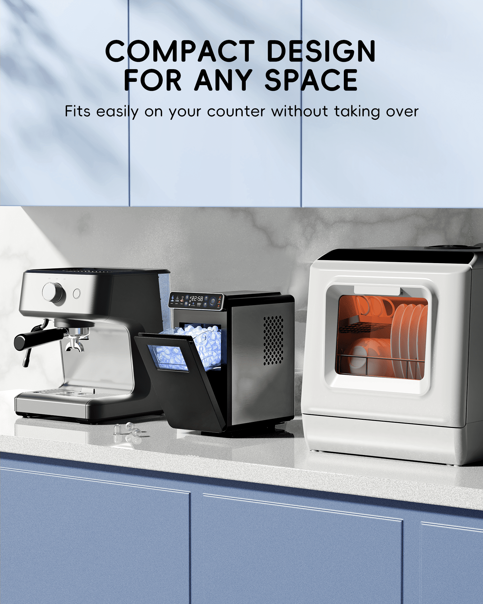 Ecozy Chillio Countertop Ice Maker, Smart Ice Machine with Full-Color Display Panel and Built-in Lighting, Produces 26lbs/24H, Dual-Layer Insulation, Two Ice Size, Portable Design