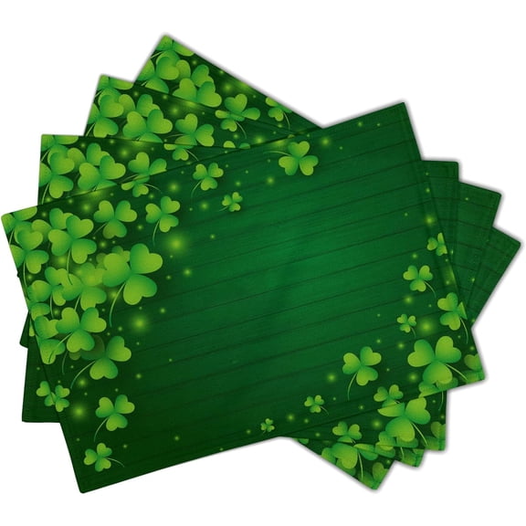 St Patricks Day Placemats Set of 4 Clover Irish Shamrock Green Non Slip Heat-Resistant Washable Table Place Mats Linen Tablemats for Kitchen Dining Table Home Decoration 12" x 18"