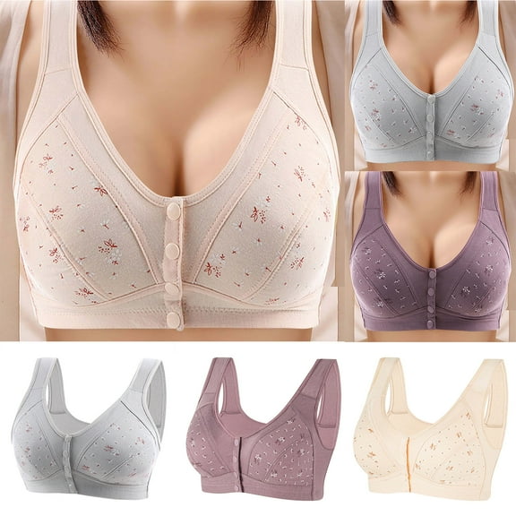 MLCDZ Daisy Bras for Women, Front Snap Closure Padded Daily Bra for Older Senior Women, Full Support Comfortable and Convenient, No Underwire Beige L