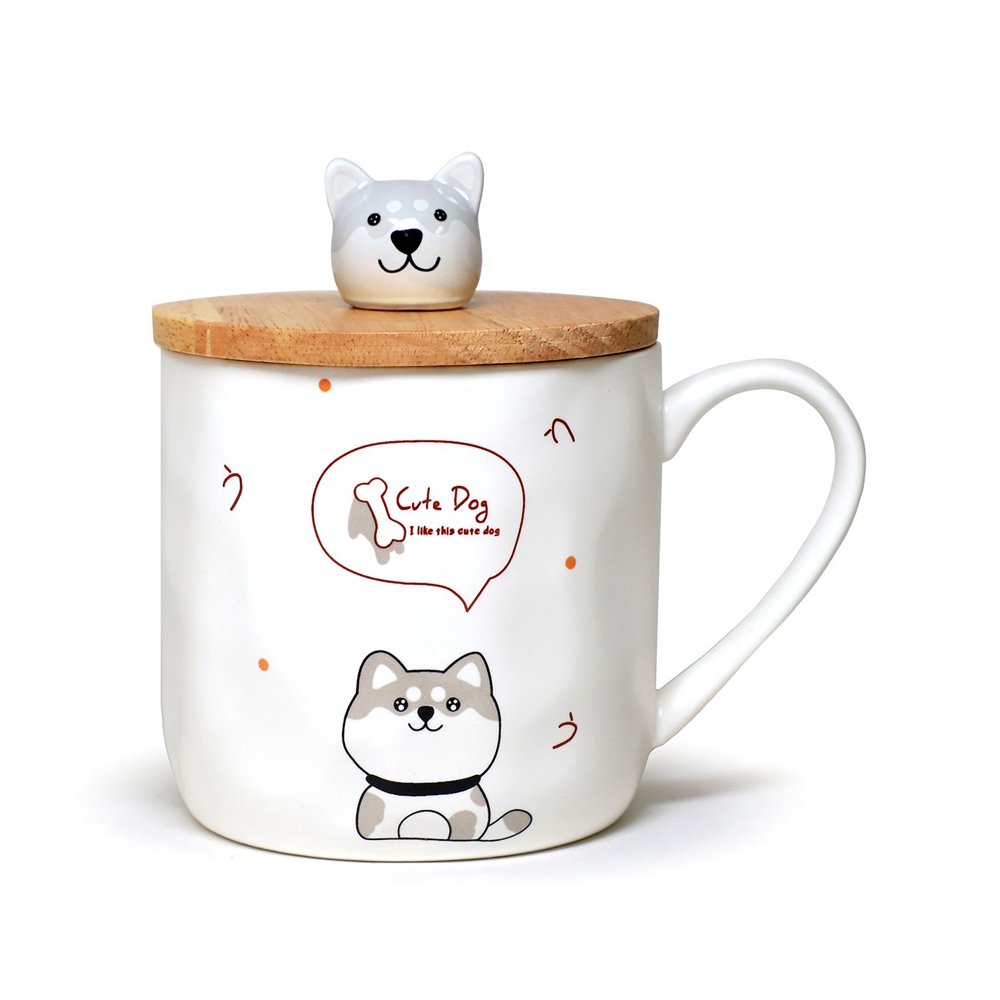 Cute Dog Ceramic Mug with Spoon and Wood Lid