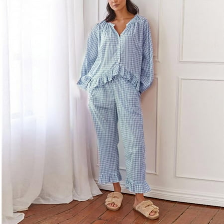 Women Loungewear 2 Piece Set V Neck Button Down Puff Sleeve Tops Elastic Waist Pants Ruffled Hem Plaid Comfy Pajamas (M Light Blue)