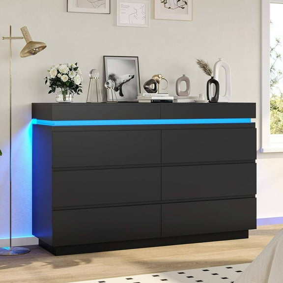 6 Drawer Dresser with Charging Station&LED Lights for Bedroom, Large Chest of Drawers Storage Cabinets with 6 Drawers, Clothes Closet Bedroom Funiture for Living Room, Black