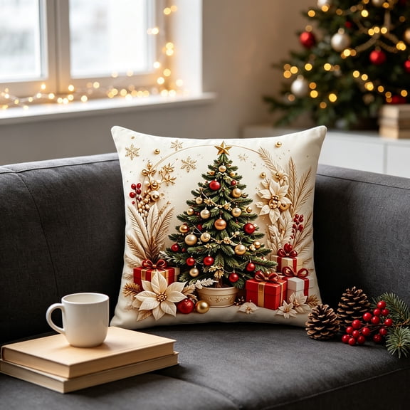 Christmas Pillow Cover 45x45cm, Linen Holiday Decorative Cushion Case for Sofa Couch Bed, Festive Xmas Home Decor Throw Pillowcase with Hidden Zipper, Soft Breathable Fabric