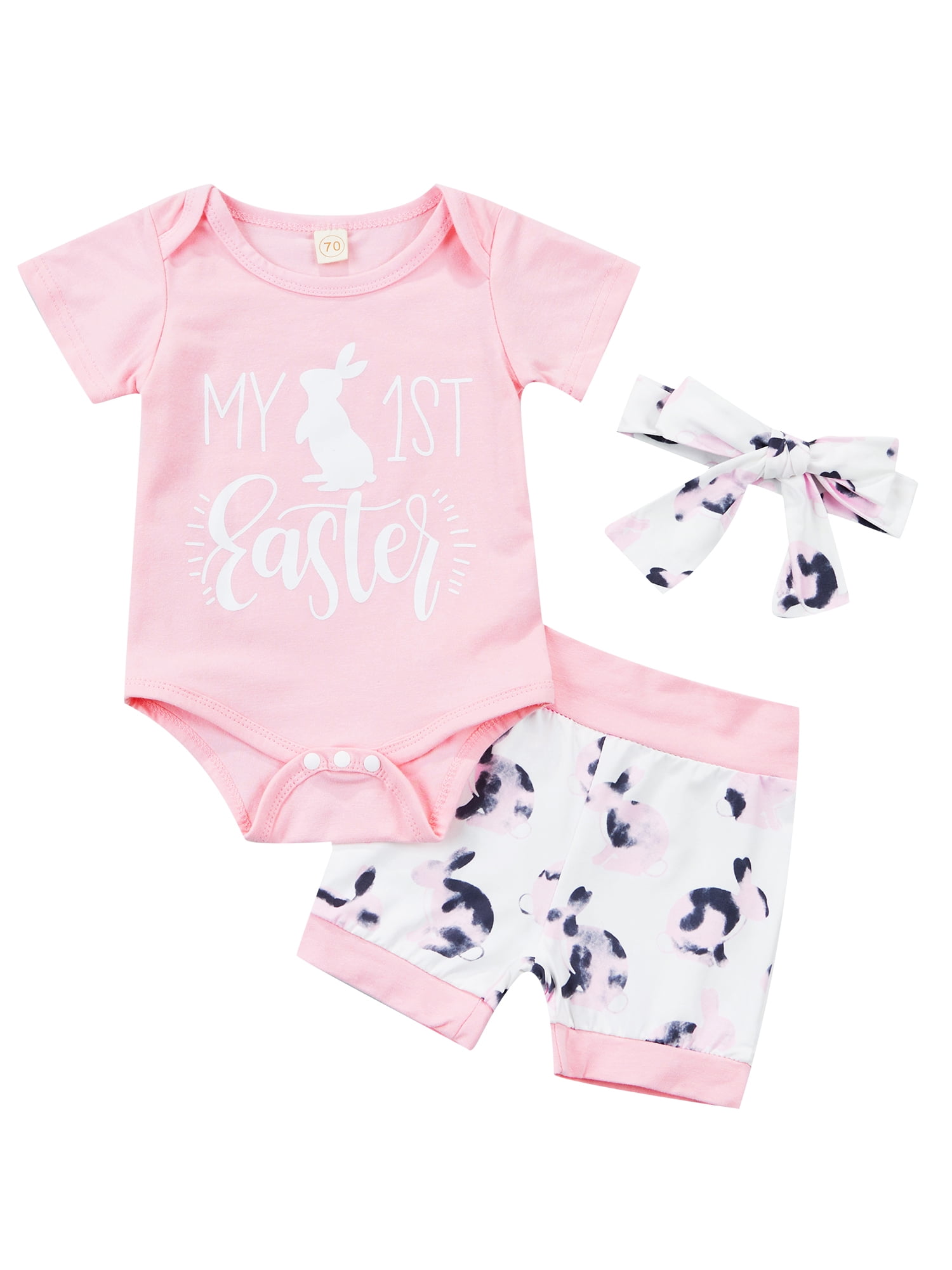 Lingery 3PCS Baby Girl Newborn My 1st Easter Cartoon Rabbit Onesie Outfit Bodysuit Romper+Shorts+Headbands Set