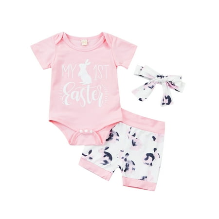 

TheFound Baby Boy Girl My First Easter Outfits Short Sleeve Letter Printed Romper +Shorts+ Hat Clothes