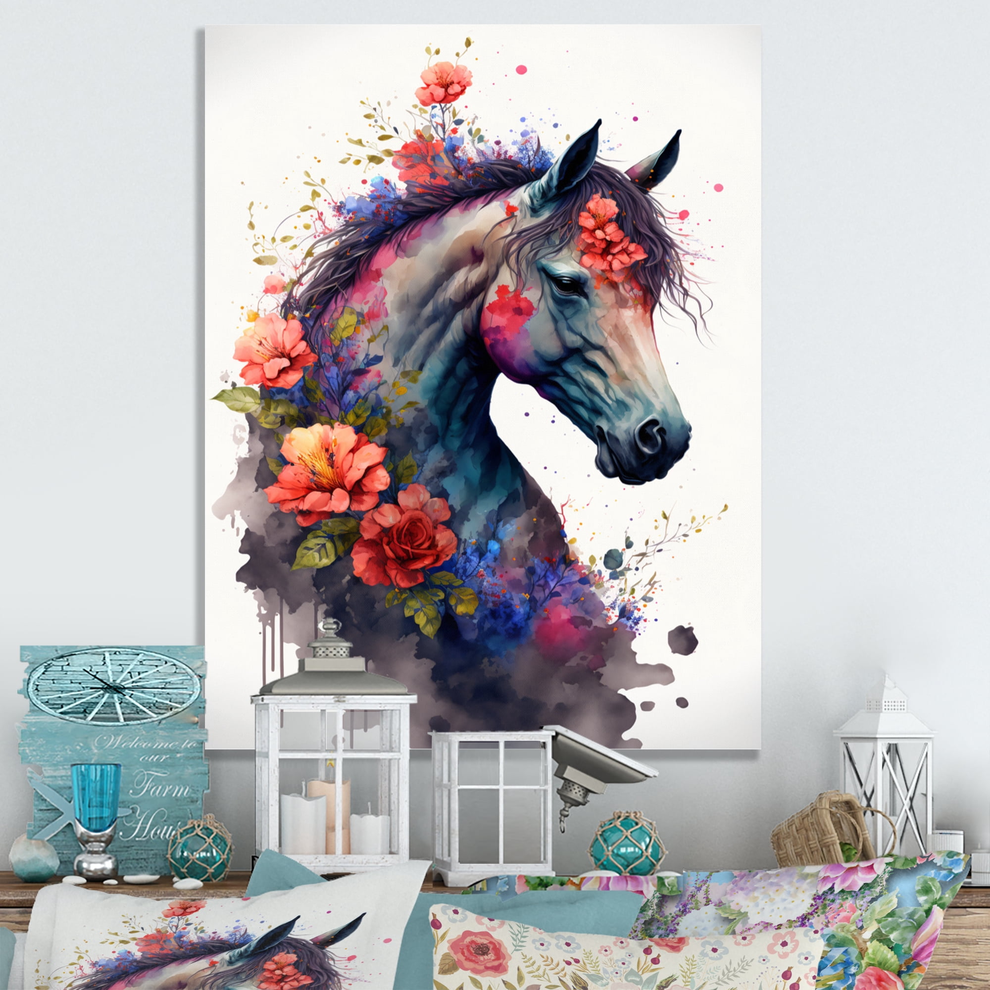 Designart Cute Horse Floral Art I Canvas Wall Art