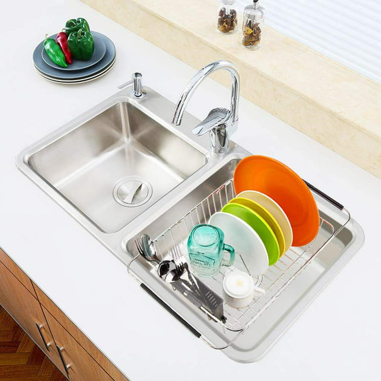 Over Sink Dish Drying Rack, Expandable Snap-on Design 2 Tier Large Dish  Rack, Retractable Multifunctional Knife Cup Holder Pot Lid Serving Board  Rack, Stainless Steel Counter Organization And Storage, Kitchen Accessories  