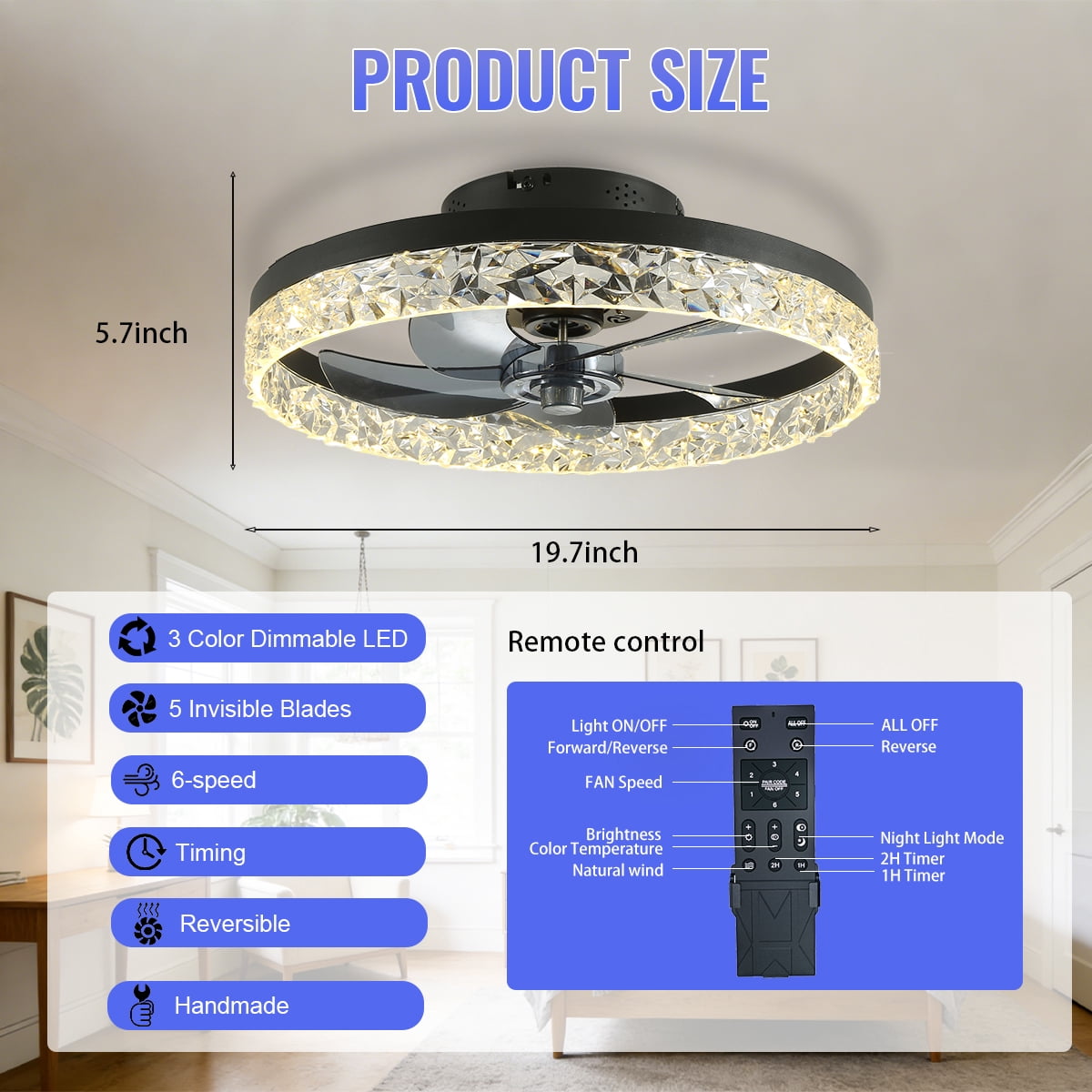 Ceiling Fans with Lights and Remote, 20'' Low Profile Ceiling Fans, 3000-6000K Dimmable Modern Flush Mount LED Fan Light, Fandelier Ceiling Fan for Bedroom, Kitchen, Living Room, Black