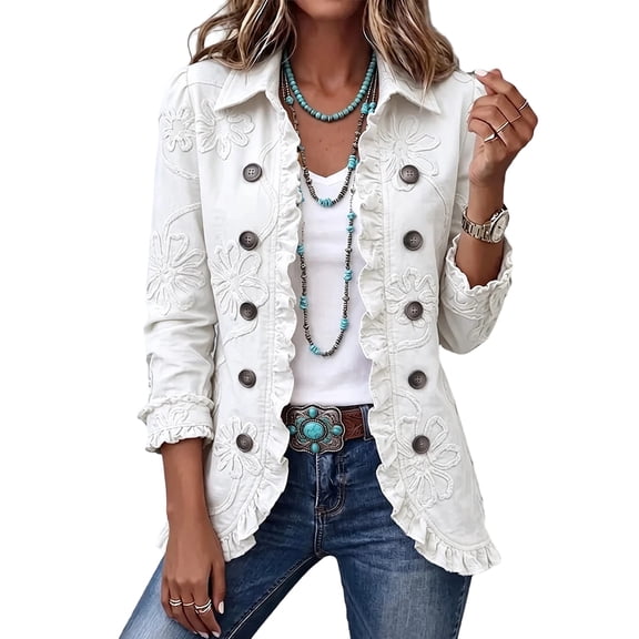 Dweltoz Women Ruffle Trim Lapel Collar Jacket Long Sleeve V Neck Western Vintage Blazer Lightweight Floral Embroidered Tops Business Casual Open Front Cropped Outfits,White S