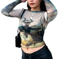 thumbnail image 4 of Douhoow Women Mesh T-Shirts Long Sleeve Abstract Portrait Letter Printed See Through Slim Tops, 4 of 8