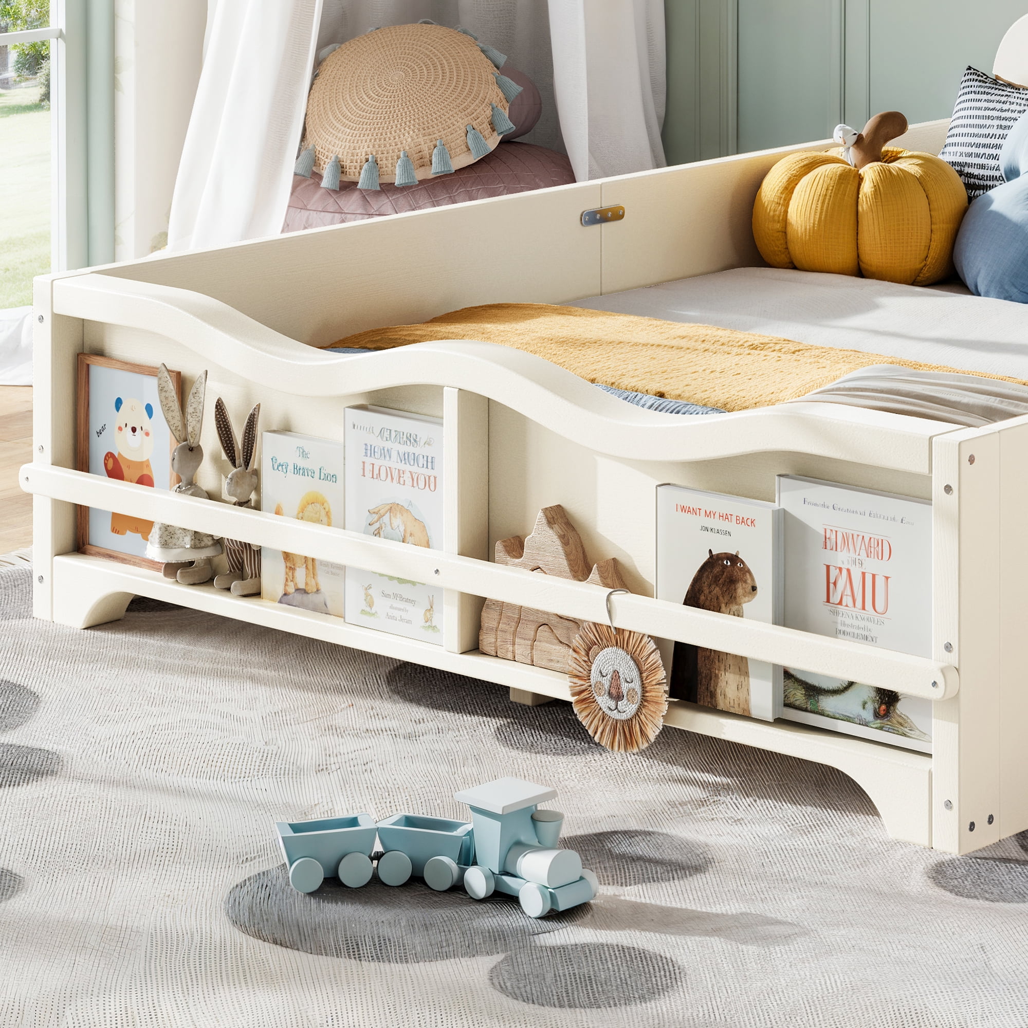 Leumius Full Platform Bed,Modern Wood Frame Bed with Full Surround Guardrails & Built-in Side Bookshelf for Kids Room,No Box Spring Needed,Beige