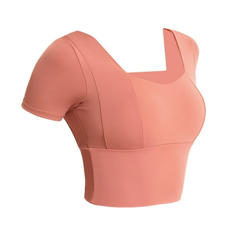 

TongL Yoga Tops Short Sleeve Breathable Nylon Bulid in Bra Workout Sport Shirts for Women
