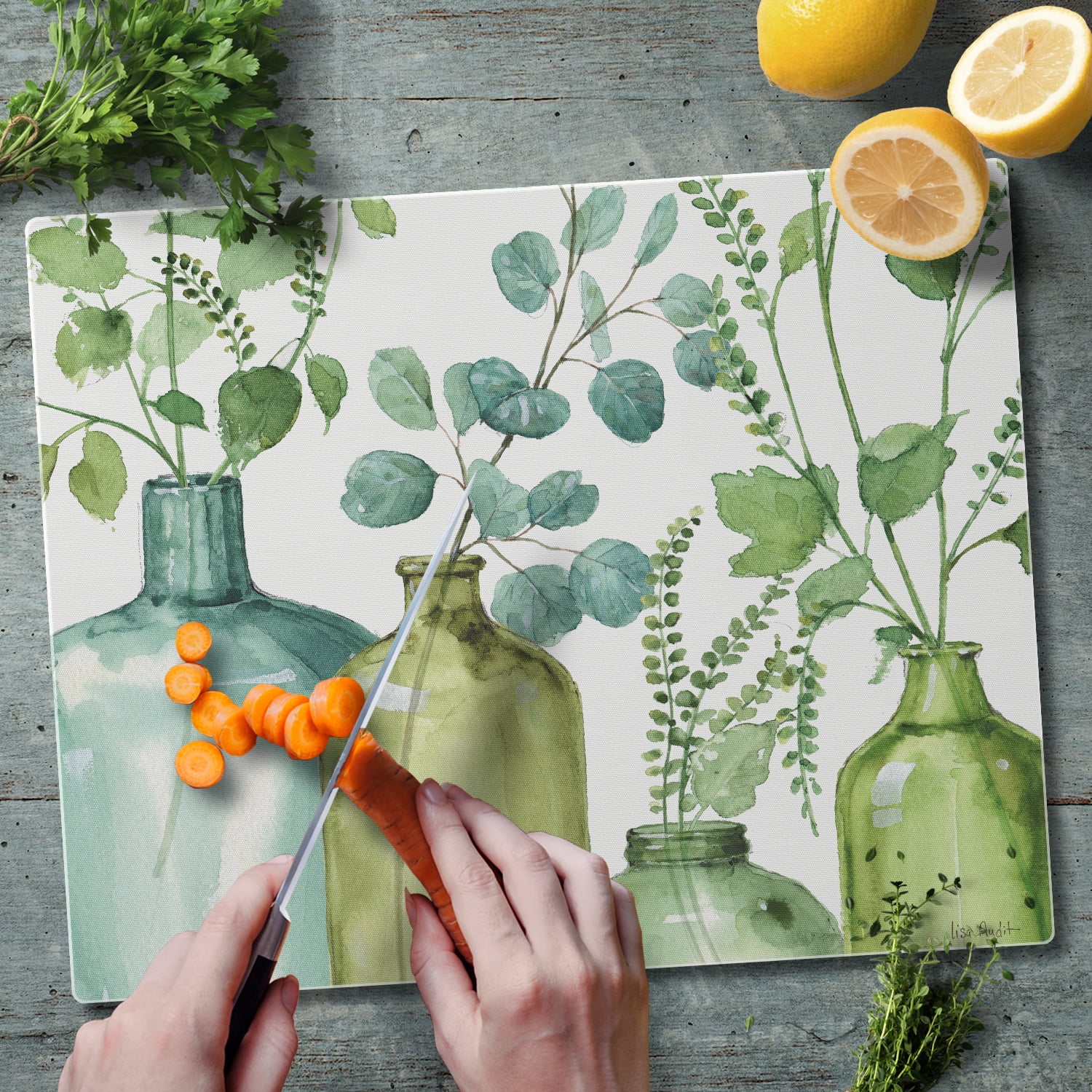 CounterArt "Greenery" 3mm Heat Tolerant Glass Cutting Board 15" by 12"