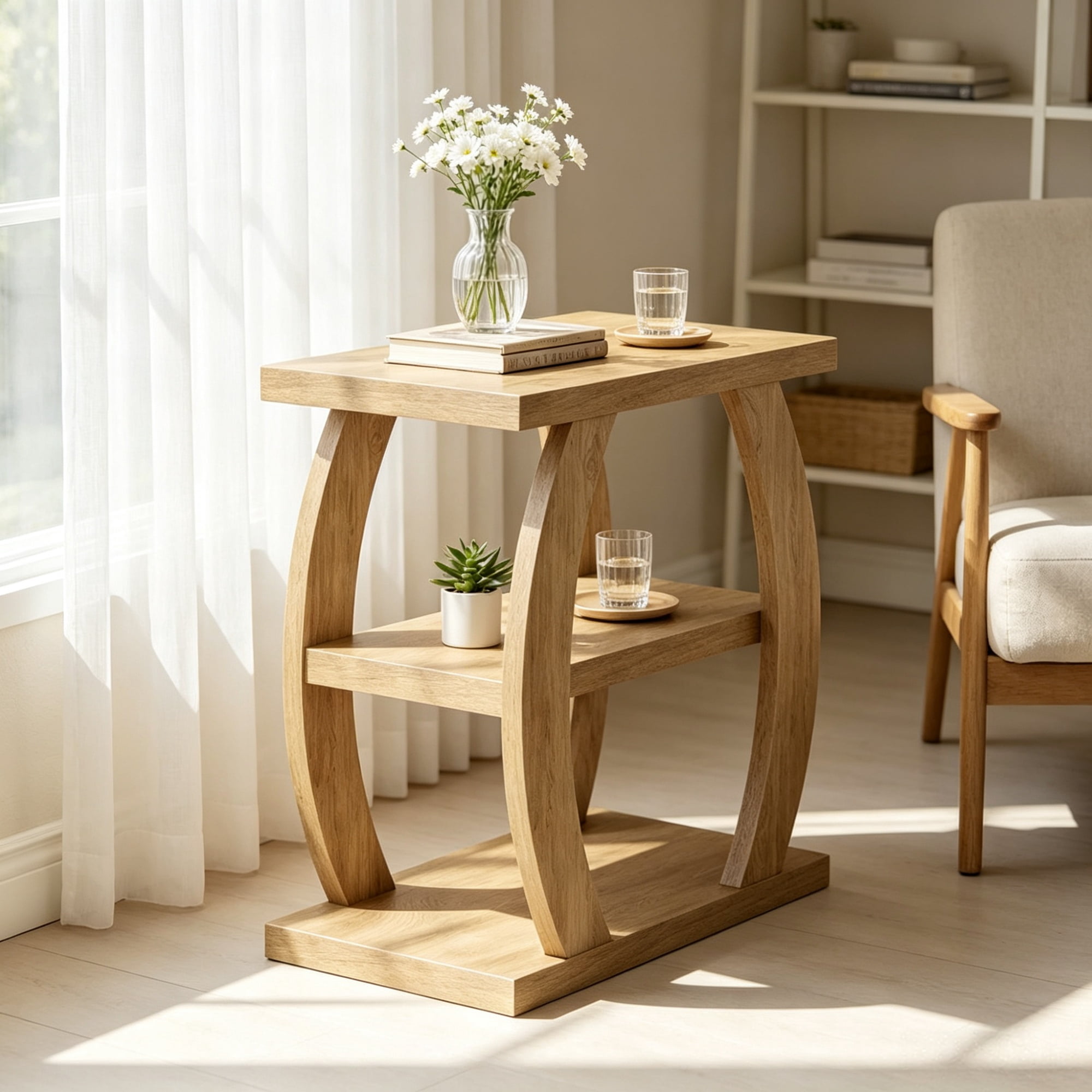 27.56 in End Table, 3-Tier Farmhouse Side Table with Geometric Metal Frame, Rustic Accent Table for Living Room, Bedroom & Sofa