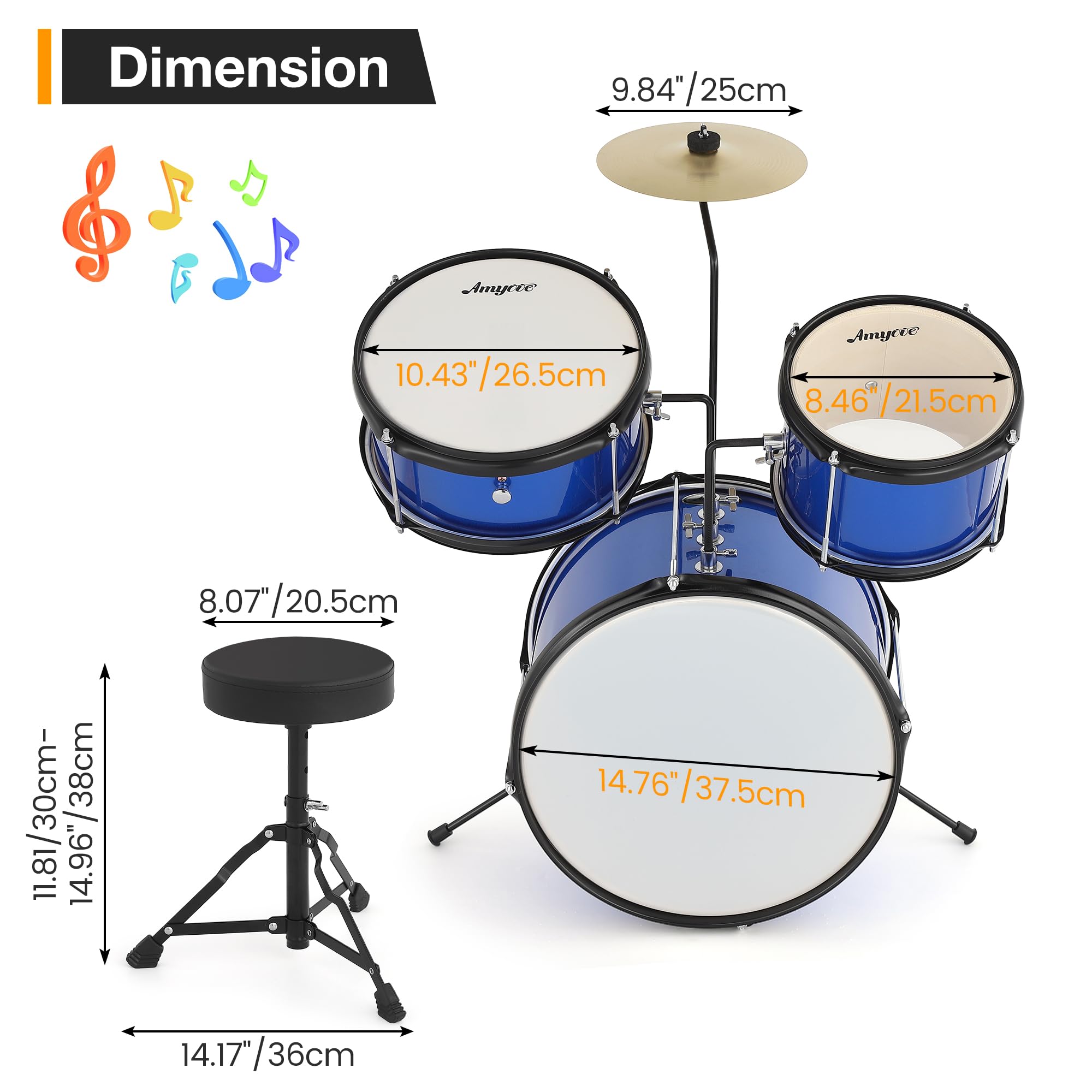 Senfot Drum Set, 1 Wood/Metal AD-100 Three Drums Set, Beginner Set Includes Bass, 2 Toms, Cymbal, Sticks, Bass Pedal and Stool, Percussion Musical Instrument Birthday Playsetl (Blue, 3-Piece)