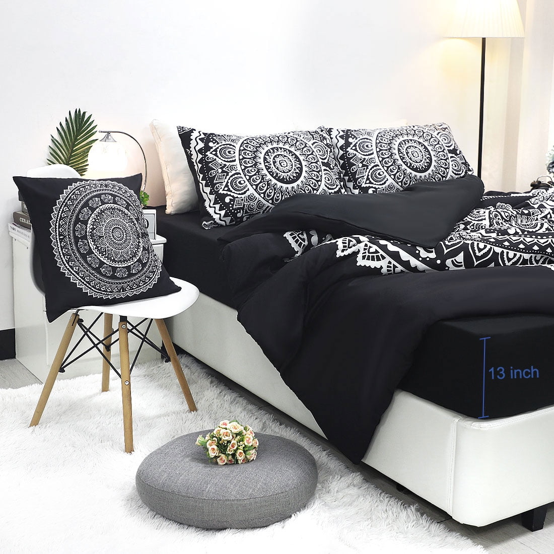 PiccoCasa 5-Piece Bohemian Duvet Cover Set Polyester Bedding Set Queen Black