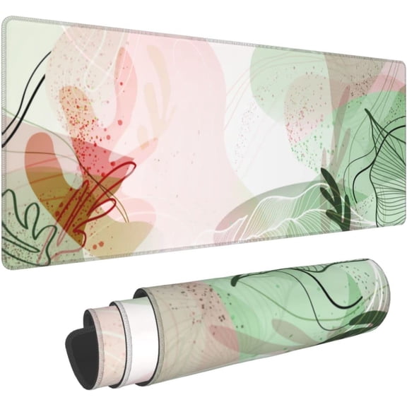 Abstract Tropical Leaves Gaming Mouse Pad XL, Extended Stitched Edges Mousepad, Large Mouse Mat Desk Pad, Long Non-Slip Rubber Base Mice Pad（31.5x12 Inch）