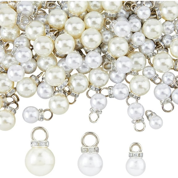 120Pcs Pearl Beads Pendants 3 Styles Imitation Pearl Bead Charms with Silver Rhinestone Caps Inlaid Rhinestone Imitation Bead Charm Necklace Bracelet Jewelry Making