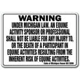 thumbnail image 1 of Michigan Equine Sign Activity Liability Warning Statute Horse Farm Barn Stable, 10" X 14" Aluminum, 1 of 1