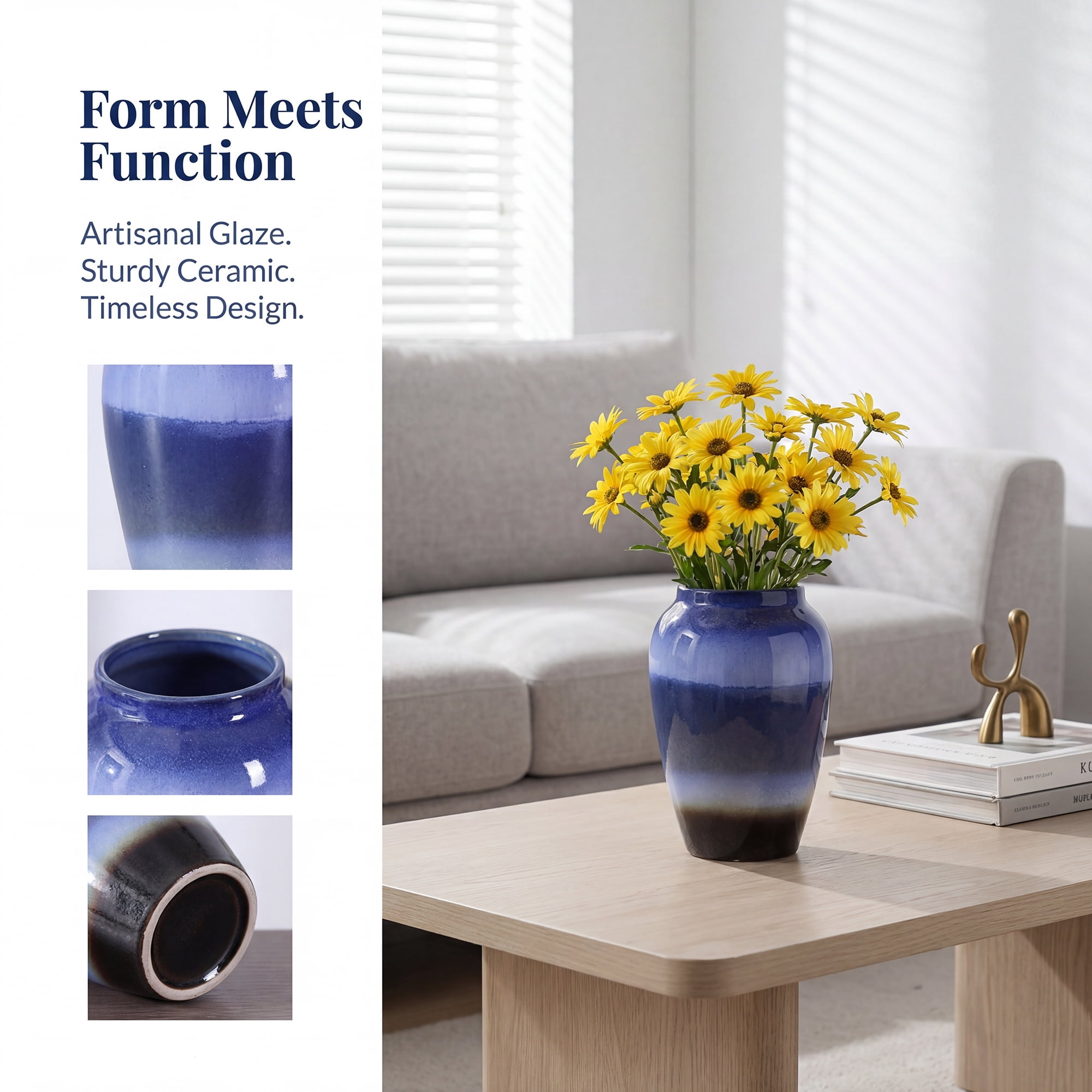 Unique Bargains Modern Flower Vase Matte Ribbed Opening Decorative Retro Round Bottle Blue