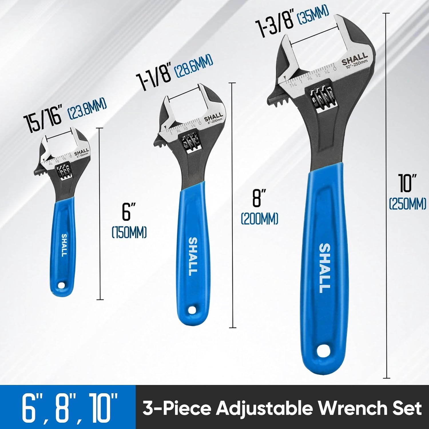 3-Piece Adjustable Wrench Set, 10/8/6 Inch Cr-V Steel Wrench with Cushion Grip, Wide Jaw Black Oxide Wrench with Laser-etched SAE Scales for Home, Garage, Workshop and DIY, Dark Blue