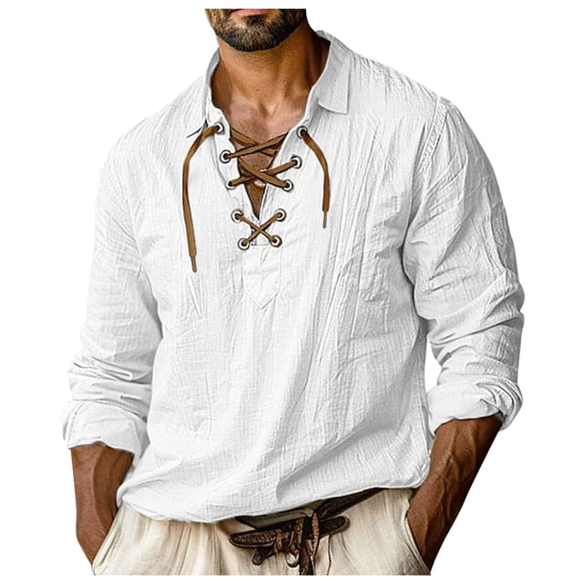 Ediodpoh Male Lapel Drawstring Imitation and Linen Solid Color Long Sleeve Shirt Mens Shirts White M
