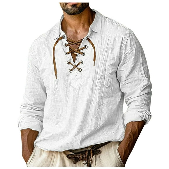 Ediodpoh Male Lapel Drawstring Imitation and Linen Solid Color Long Sleeve Shirt Mens Shirts White XL