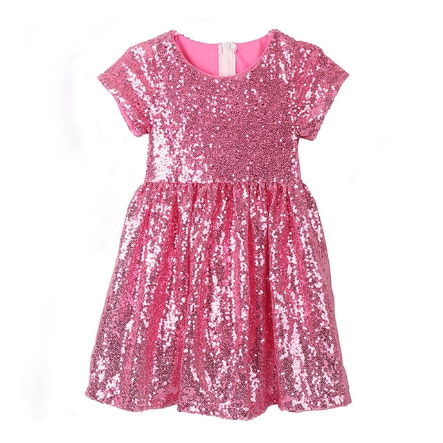 vigerkar Robe à Paillettes pour Filles, Scintillante, Chic, Manches Courtes Bouffantes, Dégradé, Robe de Fête (Rose, 3-4 Ans)