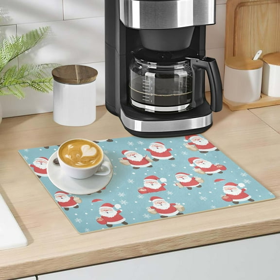 Santa Claus and Snow Dish Drying Mat 12"x18" Kitchen Counter Dish Pad Microfiber Absorbent Drainer Rack for Coffee Bar