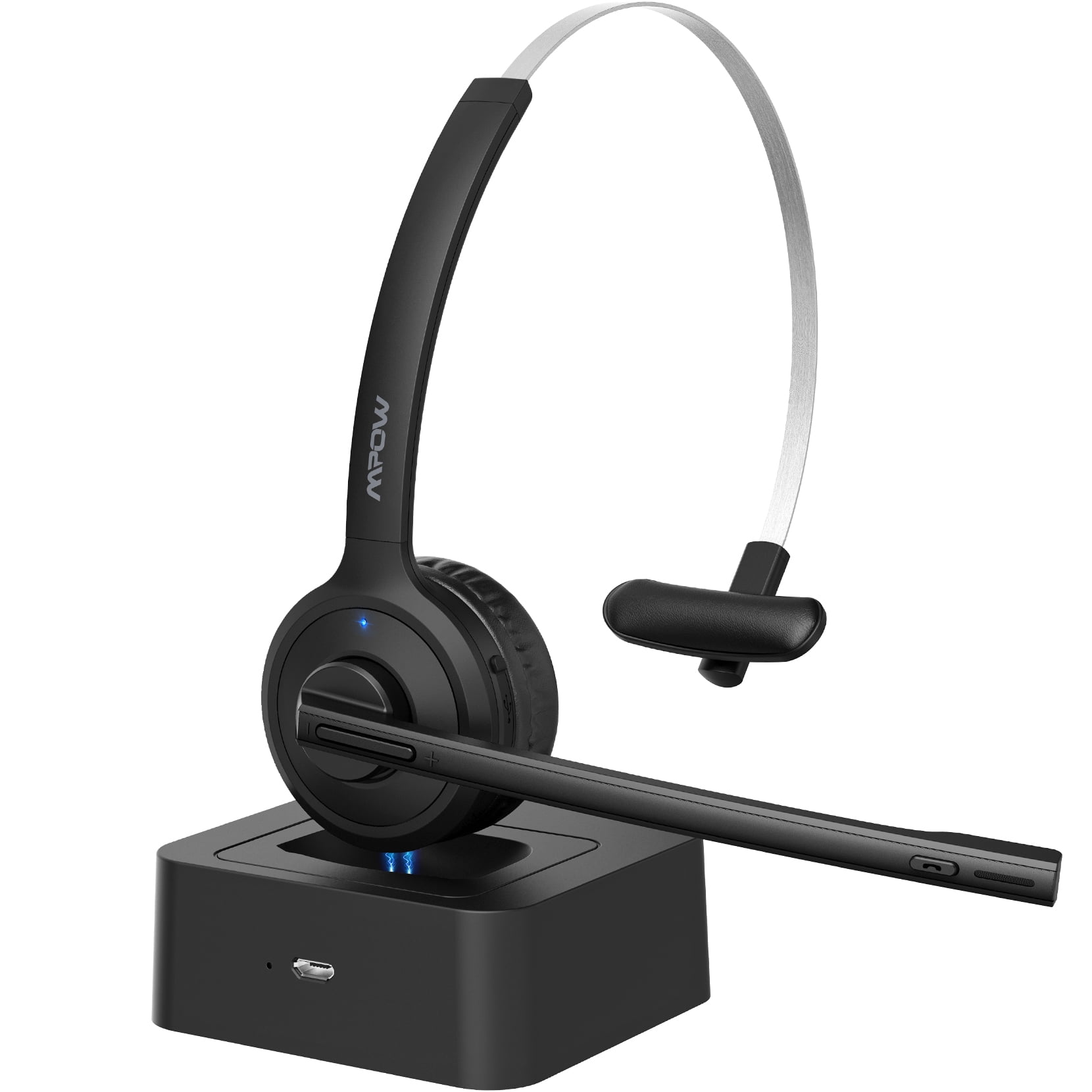 Mpow M5 Pro Bluetooth Headset with Microphone Wireless Noise Canceling Headphones with Charging Base for PC Truck Driver Call Center