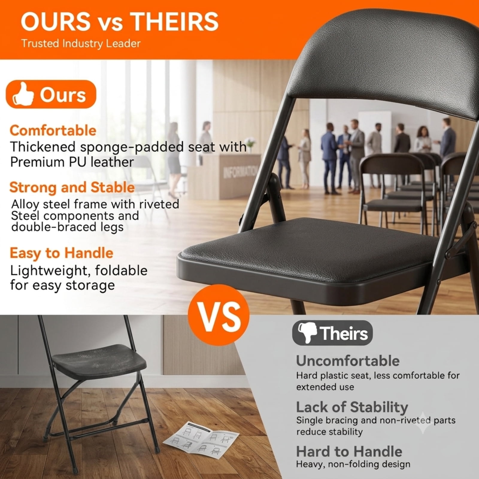Fenbeli Woven Textilene Folding Chair, Black Breathable Padded Seat with Sturdy Metal Frame, Portable Seating for Home Office Dining and Events