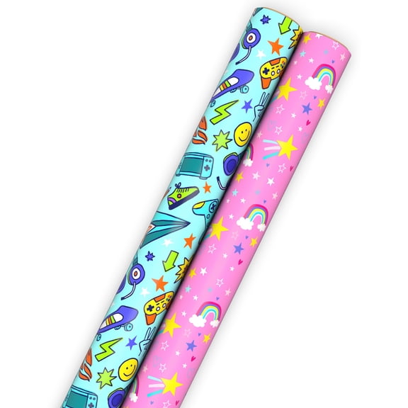 Hallmark Kids Wrapping Paper Roll Bundle (Pizza and Games, Rainbows and Stars) 45 sq. ft. total