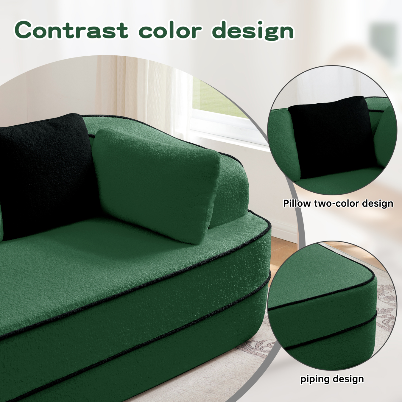Teddy Fabric 32D Boneless Sofa,Modular Sectional Sofa with Curved Armrest,Contrast Color Design with Pillow,Fluffy Comfy Couch with L Shaped Chaise,for Living Room,No Assembly Required,Green