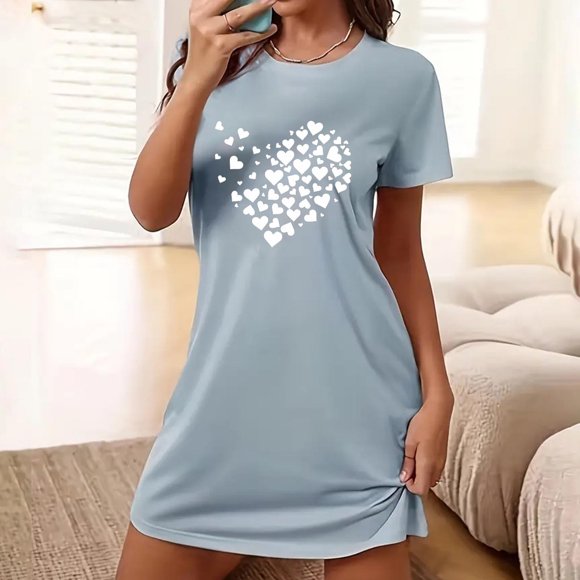Sakmal Comfy Sleep Dress for Women Cute Night dress Blue Hearts Print Short Sleeve Nightgowns