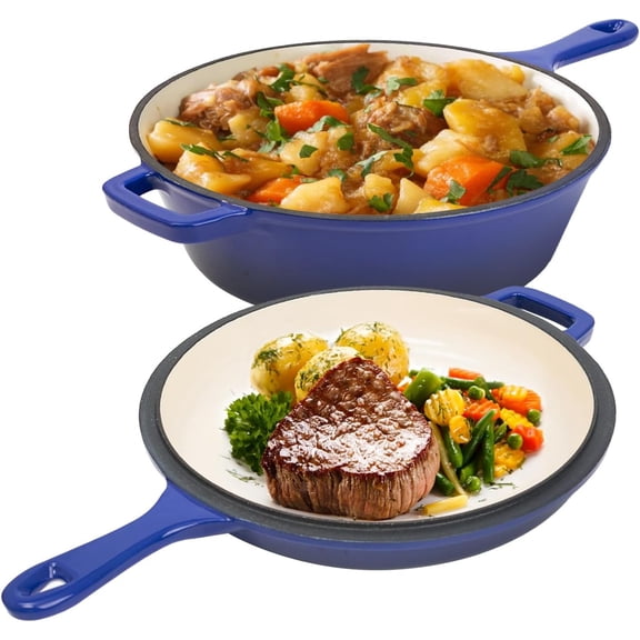 2 in 1 Dutch Oven & Skillet Combo, 3QT Enameled Cast Iron Dutch Oven Pot with 1.5QT Skillet Lid, Versatile Pots for Braising, Casseroles and Slow Cooking, Works on All Stovetops(Blue)
