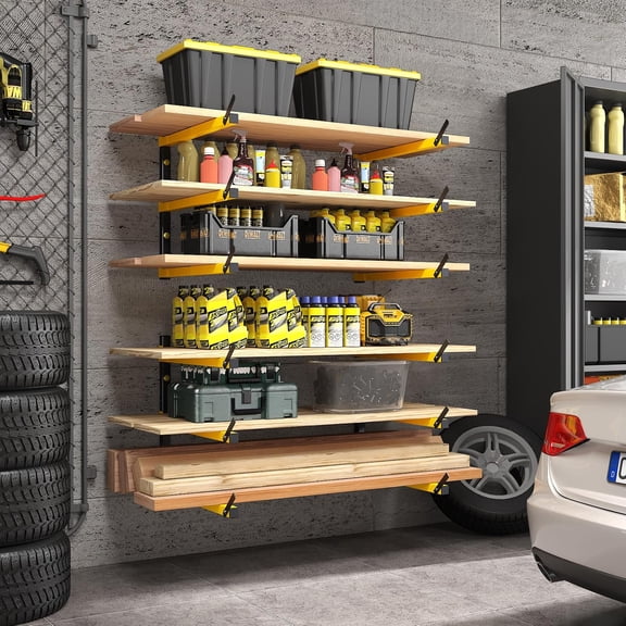 Lumber Storage Rack Folding Wood Storage Racks Wall-Mounted Metal Racks for Storage with 3-Level Heavy Duty Garage Wood Organizer for Woodworking Shop Indoor & Outdoor Use, 4 pairs,Yellow