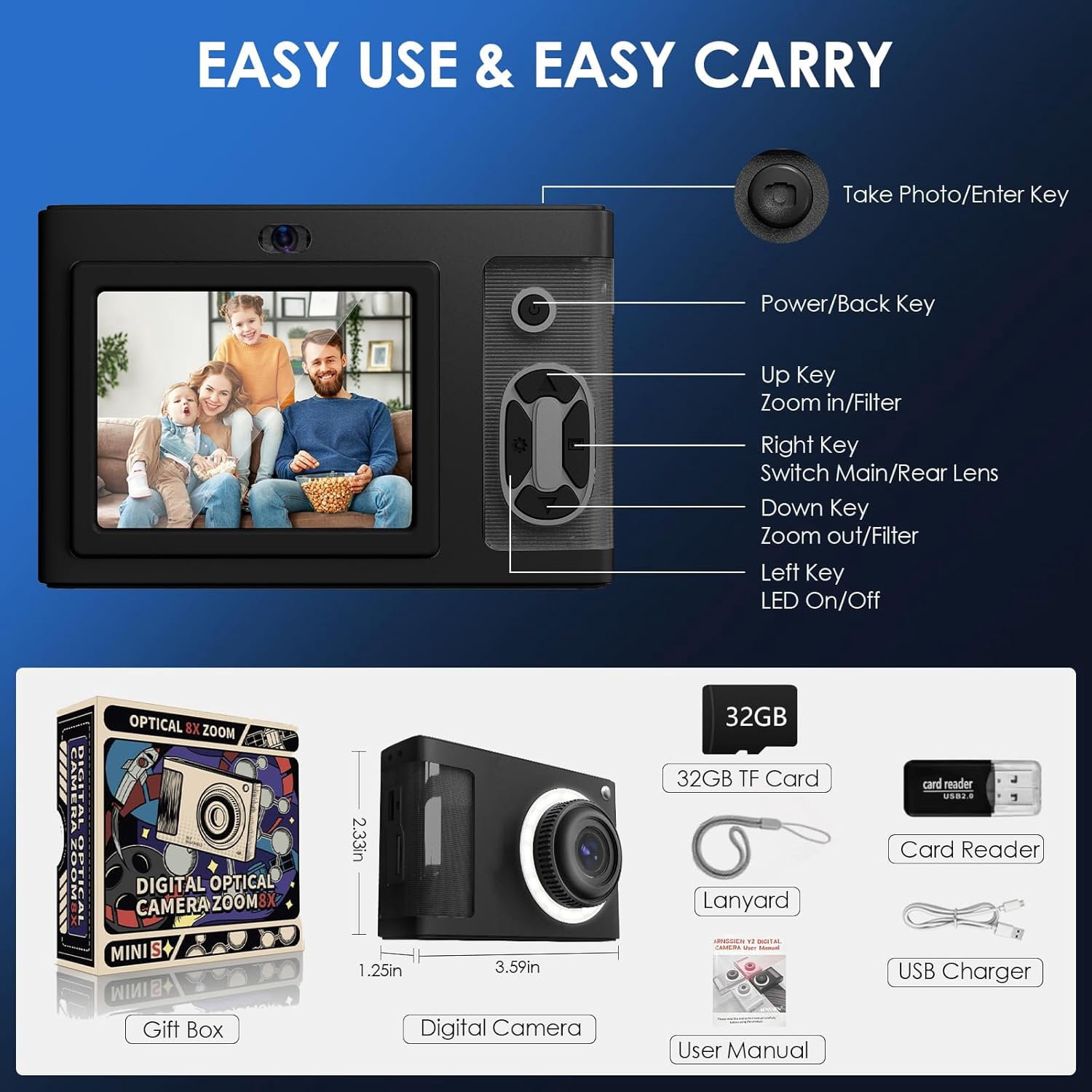 Digital Camera Kids Camera FHD 1080P 50MP Vintage Camera with 8X Zoom Anti Shake Portable Digital Cameras for Kids Teens Seniors Gift with 32GB Card Black