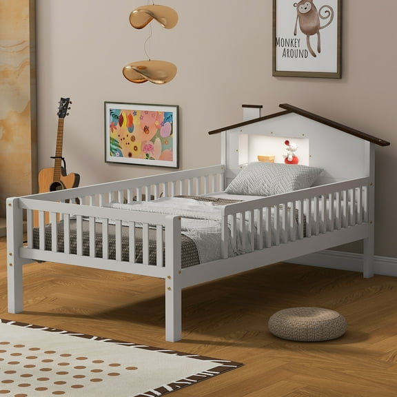 Euroco Wood Twin Size Platform Bed, House Bed with LED Light and Storage, White